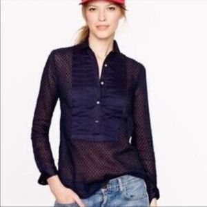 J.Crew Swiss Dot Tuxedo Front Long Sleeves Shirt Dark Navy Blue Size 6